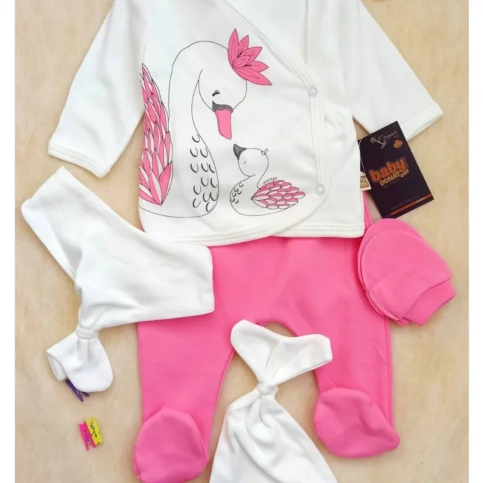 Kuğu Desenli 5li Kız Bebek Hastane Çıkış Seti