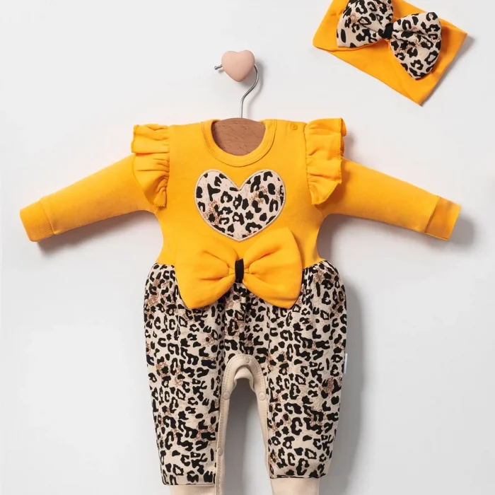 Leopar Desenli Fiyonklu % 100 Pamuk Kız Bebek Tulum