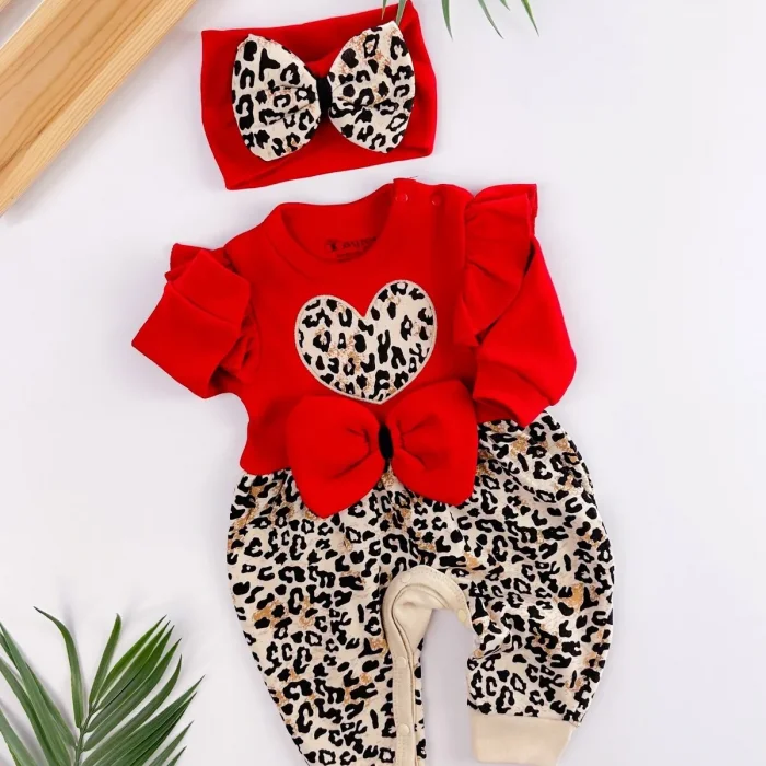 Leopar Desenli Fiyonklu % 100 Pamuk Kız Bebek Tulum