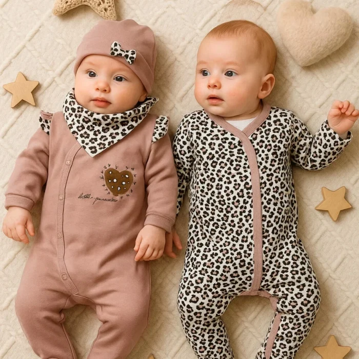 Leopar Desenli Kız Bebek 4lü Tulum Seti