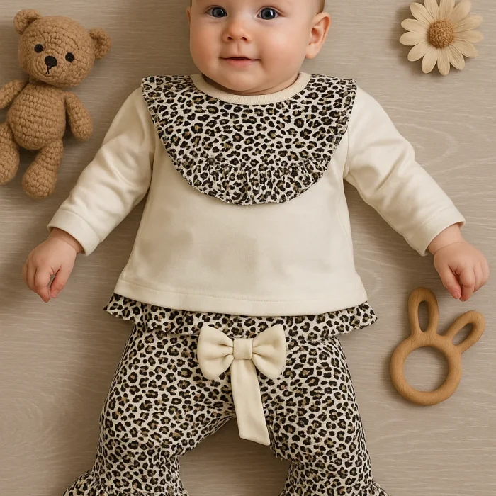 Leopar Detaylı 2li Kız Bebek Takım %100 Pamuk