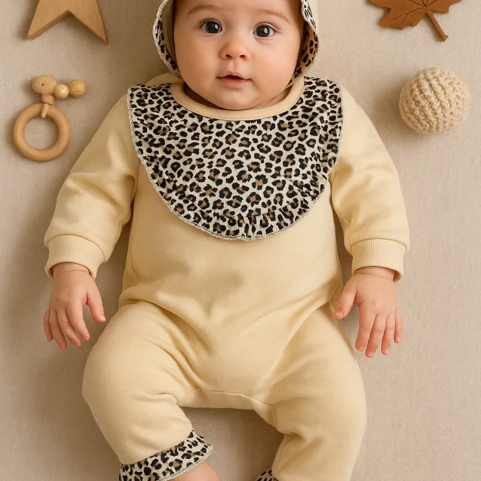 Leopar Detaylı Şapkalı Tulum %100 Pamuk