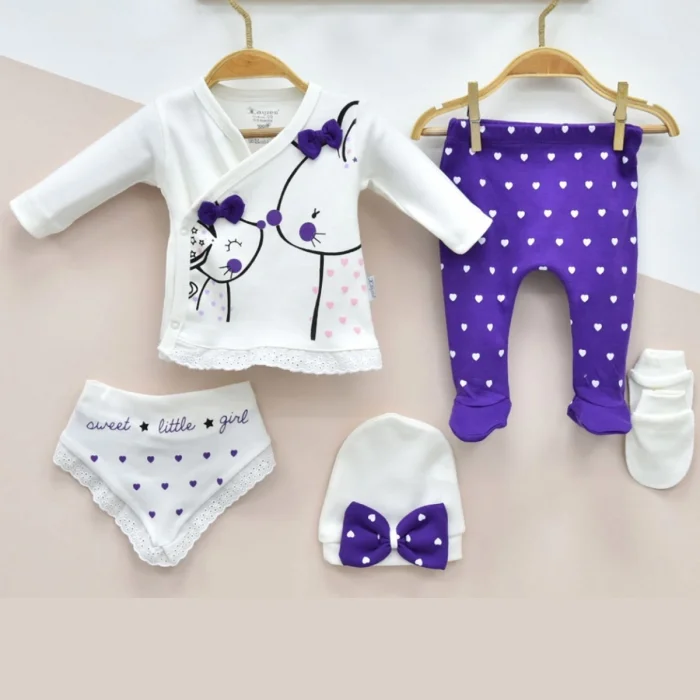 Little Mause Desenli % 100 Pamuk 5li Kız Bebek Hastane Çıkış Seti