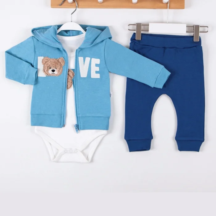 Love Bear Nakışlı % 100 Pamuk Hırkalı 3lü Erkek Takım