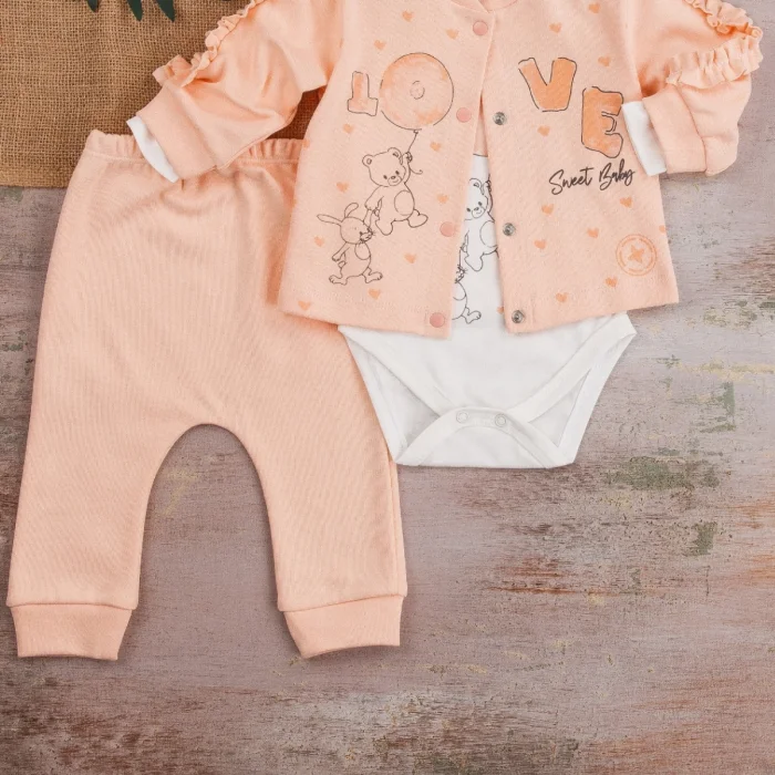 Love Tavşan Desenli Kol Detaylı 3lü Hırkalı Kız Bebek Takım