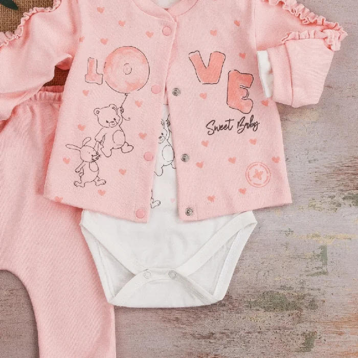 Love Tavşan Desenli Kol Detaylı 3lü Hırkalı Kız Bebek Takım
