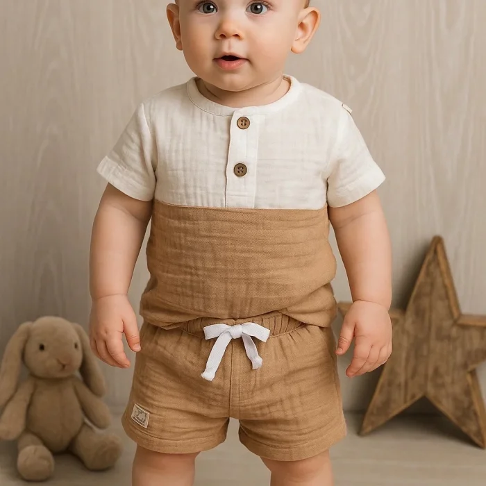 Müslin Şortlu 2 li Erkek Bebek Takım % 100 Pamuk