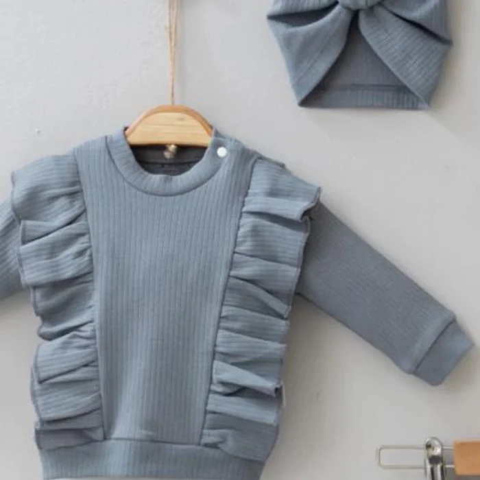 Omuzdan Fırfır Detaylı Boneli 3lü % 100 Pamuklu Kız Bebek Takımı