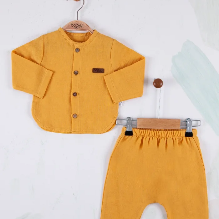 Oval Kesim 5 Düğmeli Müslin Kumaş 2li Erkek Bebek Takımı