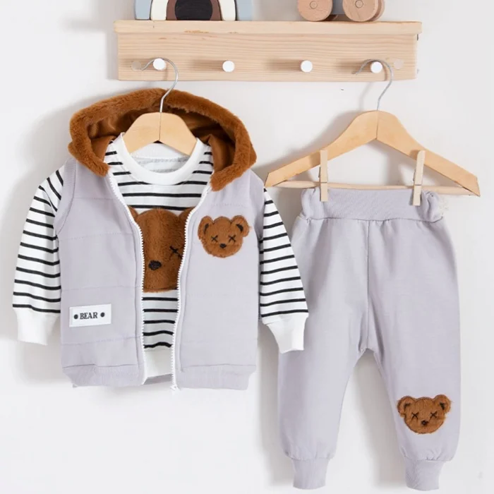 Peluş Ayıcık Desenli Kapişonlu 3lü Erkek Bebek Takımı