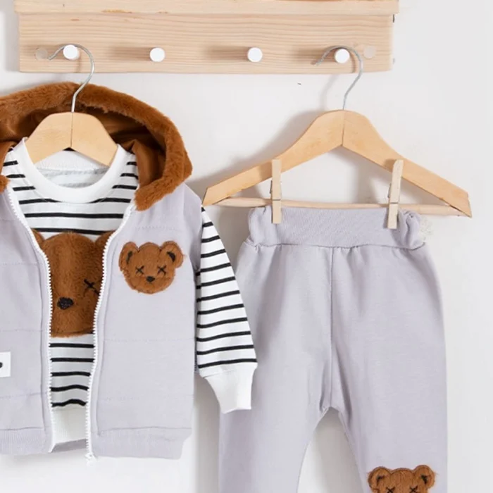 Peluş Ayıcık Desenli Kapişonlu 3lü Erkek Bebek Takımı
