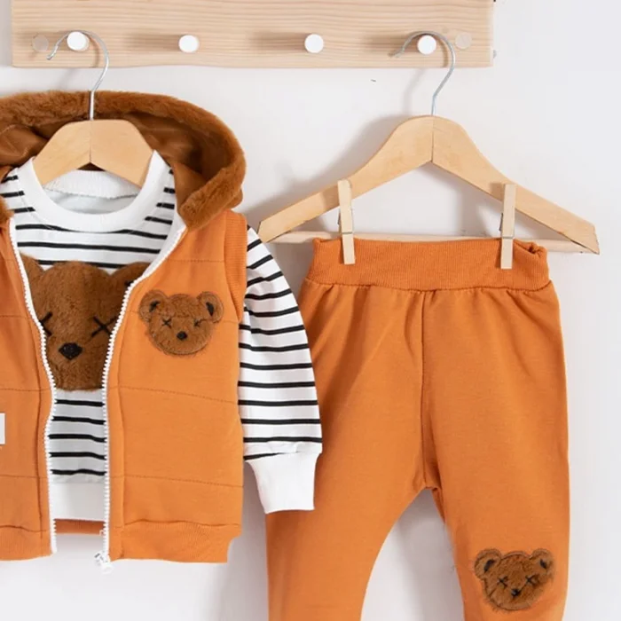 Peluş Ayıcık Desenli Kapişonlu 3lü Erkek Bebek Takımı