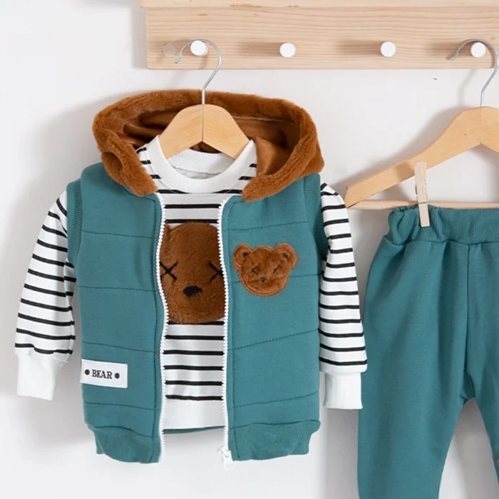 Peluş Ayıcık Desenli Kapişonlu 3lü Erkek Bebek Takımı