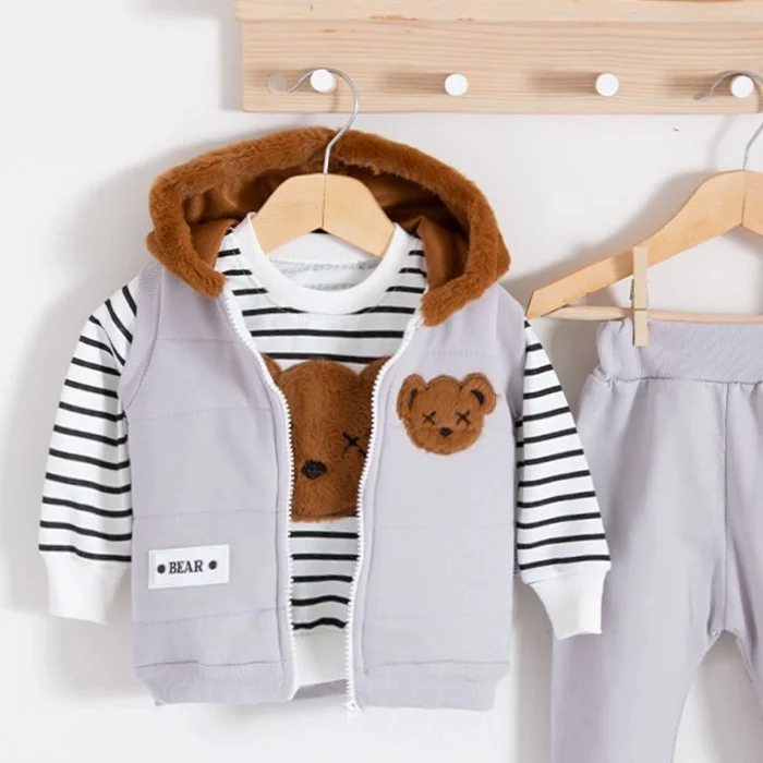Peluş Ayıcık Desenli Kapişonlu 3lü Erkek Bebek Takımı