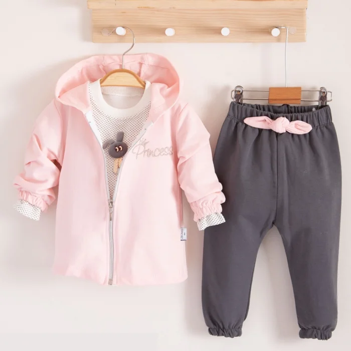Prences Nakışlı Kapişonlu 3lü % 100 Pamuk Kız Bebek Takımı