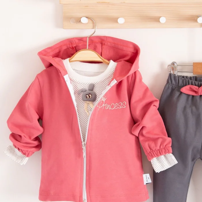 Prences Nakışlı Kapişonlu 3lü % 100 Pamuk Kız Bebek Takımı