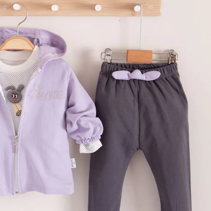 Prences Nakışlı Kapişonlu 3lü % 100 Pamuk Kız Bebek Takımı