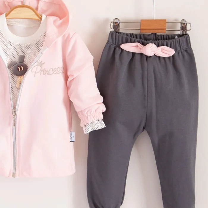 Prences Nakışlı Kapişonlu 3lü % 100 Pamuk Kız Bebek Takımı