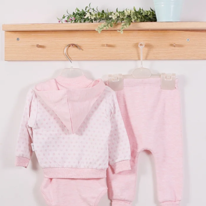 Puan Desenli Kapişonlu % 100 Pamuk 3lü Kız Bebek Takım
