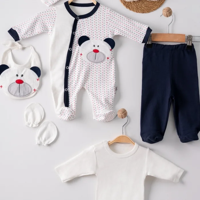 Puanlı Ayıcık Nakışlı Tulumlu % 100 Pamuk Erkek Bebek 5li Set