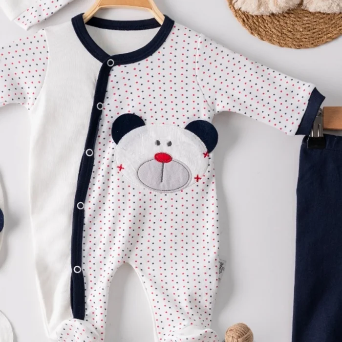 Puanlı Ayıcık Nakışlı Tulumlu % 100 Pamuk Erkek Bebek 5li Set