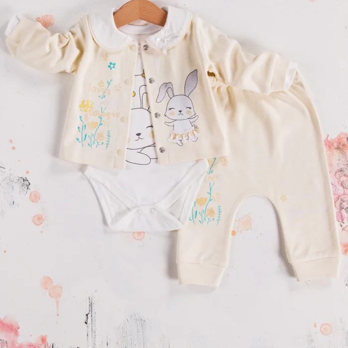 Tavşan Desenli Çiçekli 3lü Hırkalı Kız Bebek Takım