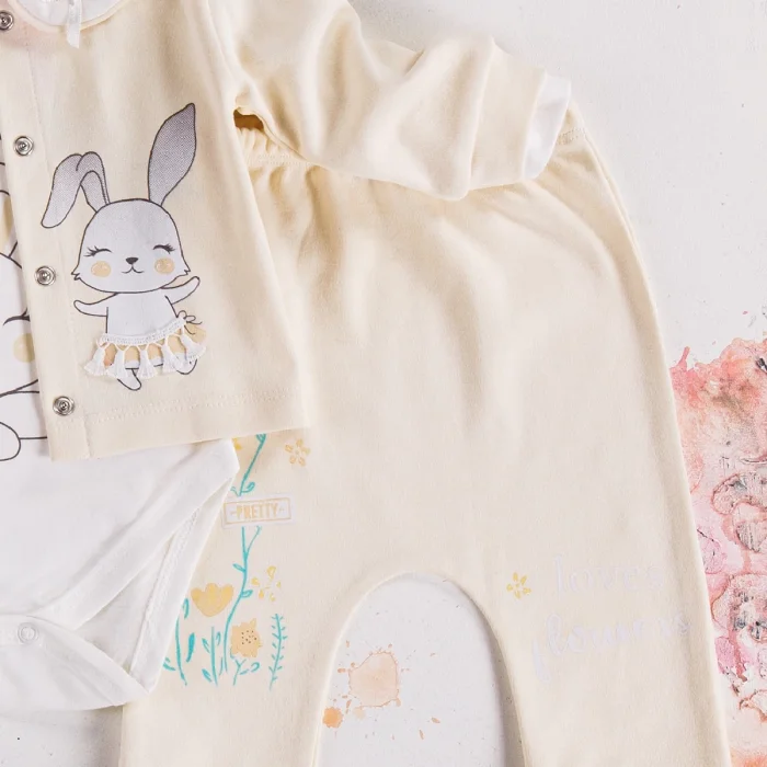 Tavşan Desenli Çiçekli 3lü Hırkalı Kız Bebek Takım