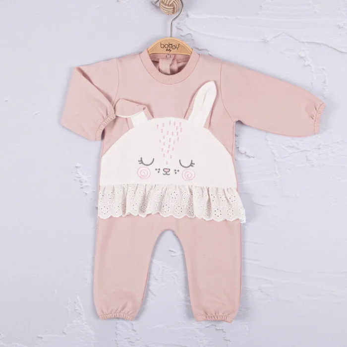 Tavşan Nakışlı Güpürlü % 100 Pamuk Kız Bebek Tulum