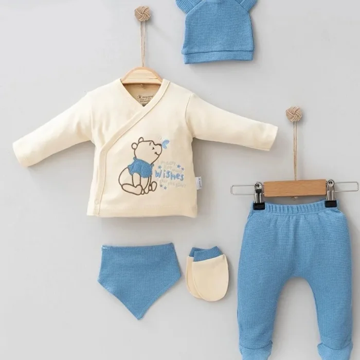 Waffle Natural % 100 Pamuk 5li Erkek Bebek Hastane Çıkış Seti