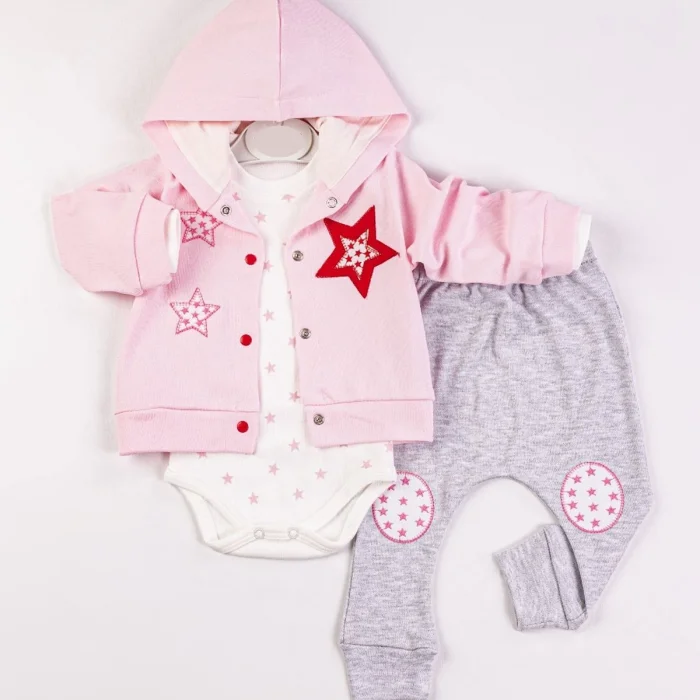 Yıldız Nakışlı Kapişonlu Kız Bebek Takımı