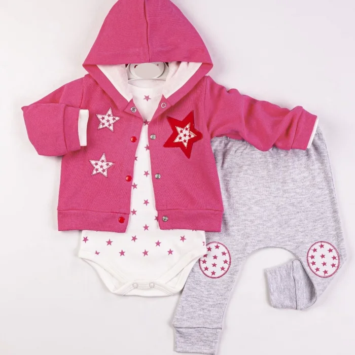 Yıldız Nakışlı Kapişonlu Kız Bebek Takımı