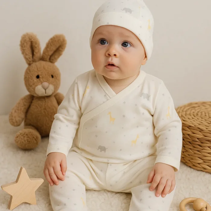 Zürafa Desenli 3 Parça Erkek Bebek Hastane Çıkışı % 100 Pamuk