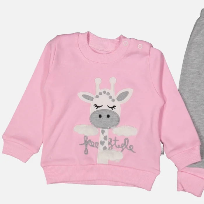 Zürafa Nakışlı % 100 Pamuk Kız Bebek Takımı