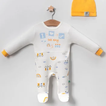 Araba Desenli Sarı 2li Şapkalı Erkek Bebek Tulumu