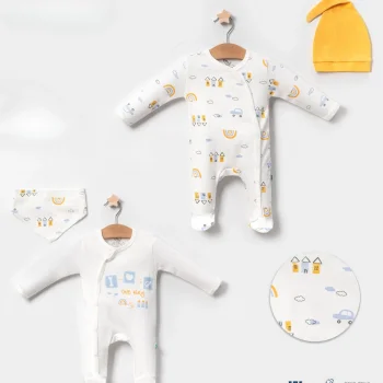Araba Desenli Sarı 4lü Erkek Bebek Tulumu