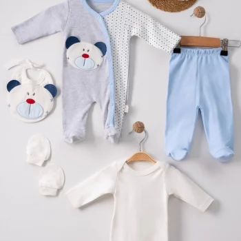 Ayıcık Nakışlı Tulumlu % 100 Pamuk Erkek Bebek 5li Set