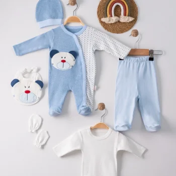 Ayıcık Nakışlı Tulumlu % 100 Pamuk Erkek Bebek 5li Set