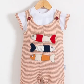 Balık Nakışlı Kısa Kollu Erkek Bebek Tulumu