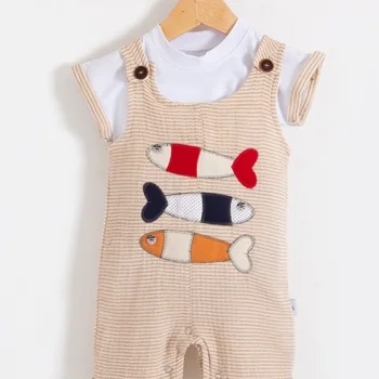 Balık Nakışlı Kısa Kollu Erkek Bebek Tulumu