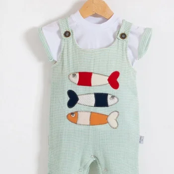 Balık Nakışlı Kısa Kollu Erkek Bebek Tulumu