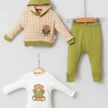 Bear Çizgili % 100 Pamuk Hırkalı 3lü Bebek Takımı