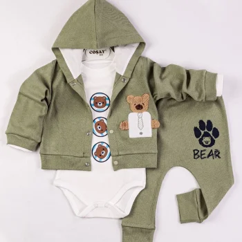Bear Nakışlı Kapişonlu Erkek Bebek Takım