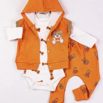 Bear Nakışlı Yelekli 3lü Erkek Bebek Takımı