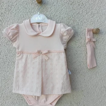 Bebek Yakalı Çiçek Işlemeli Bandanalı Badi 3-6-9 Ay