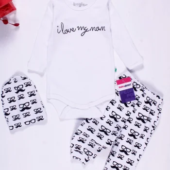 Bıyık Gözlük Desenli 3lü Erkek Bebek Takımı