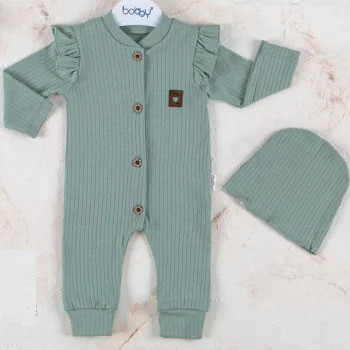 Boydan Düğmeli Şapkalı % 100 Pamuk Kız Bebek Tulumu