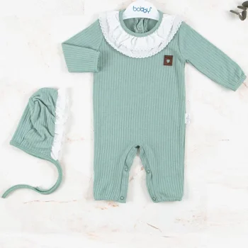 Brode Nakışlı Şapkalı % 100 Pamuk Kız Bebek Tulumu