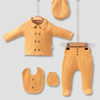 Cepli Waffle % 100 Pamuk 5li Erkek Bebek Hastane Çıkış Seti