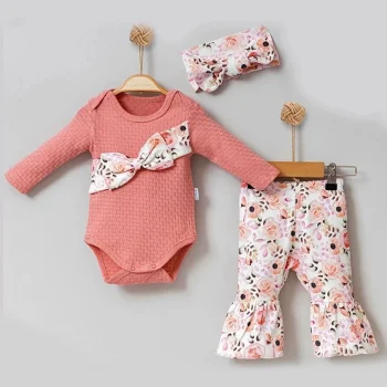 Çiçek Desenli Fiyonklu 3lü Kız Bebek Takım