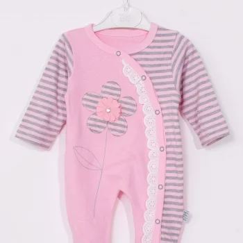 Çiçek Nakışlı % 100 Pamuk Ayaklı Kız Bebek Tulumu